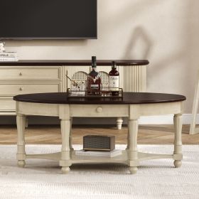 Vintage Oval Coffee Table with Drawer and Storage Shelf, Antique Cocktail Table in 45", French Country Accent Table for Living Room,Beige and Espresso
