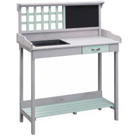 Outsunny Potting Bench Outdoor, with Removable Sink, Blackboard, Open Shelf Storage, Grid Backboard, for Garden, Backyard, Light Gray