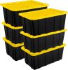 6-Pack Stackable Storage Bins, Heavy Duty Totes w/ Lids, 27 Gallon, Black/Yellow