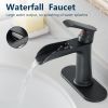 Sink Faucet With Deck Plate Waterfall Black with Pop Up Drain and Supply Lines Bathroom faucets for Sink 1 Hole or 3 Holes One Handle Faucets Vanity B