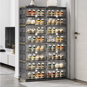 6 Layers Of 24 Pairs Of Hard Plastic Shoe Storage Cabinet, Large Stackable And Foldable Sneaker Shoe Box Storage Cabinet (Attribute: Black3)