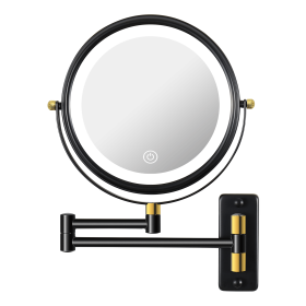 8.6" Wall Mounted Makeup Mirror with LED Lights, Double Sided 1X/10X Magnifying Mirror, 360° Swivel Bathroom Vanity Mirror with Extension Arm (Color: Black + Gold)